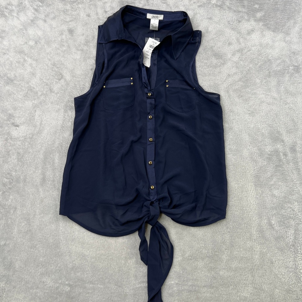 Cache Tie Front Sleeveless Blouse Size L Navy Blue Women Silk Trim Studded Top